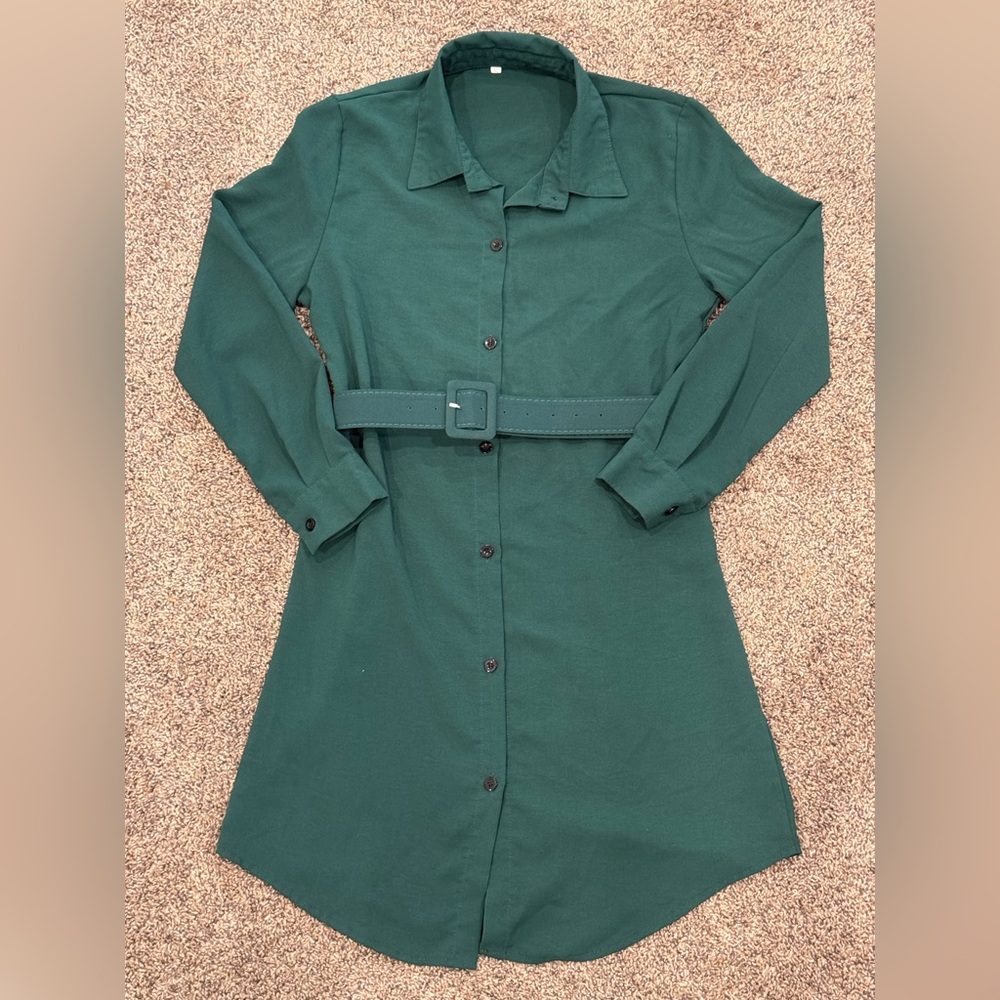 Elegant Green Belted Shirt Dress